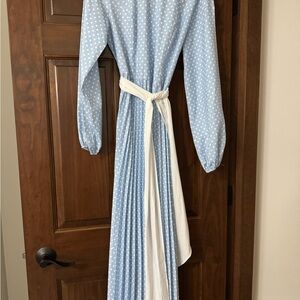 Blue Polka Dot Long Sleeve Dress with White Sash